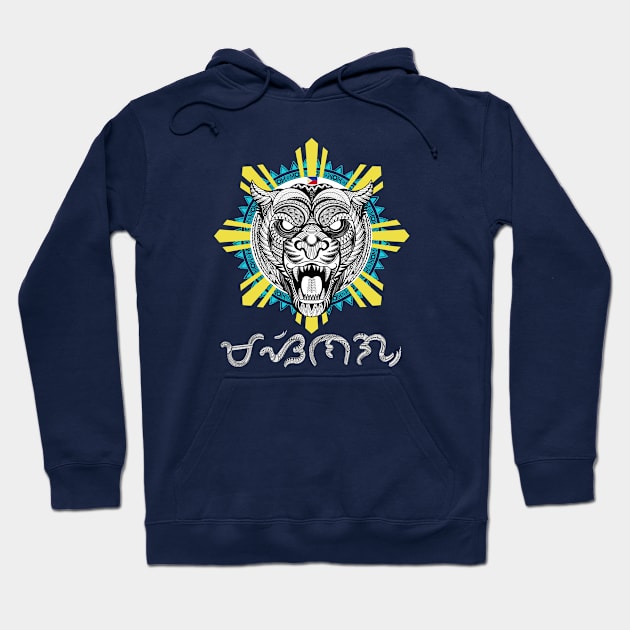 Philippine Sun Tribal line Art Tiger / Baybayin word Masinag (Transmitting light/Translucid) Hoodie by Pirma Pinas